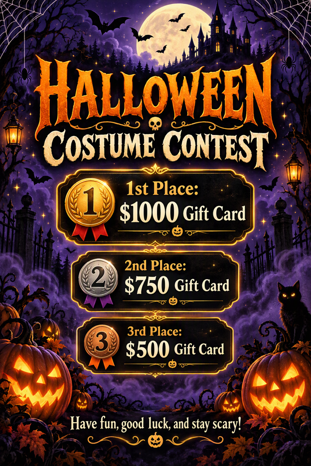 Halloween Costume Contest: 1st place $1000 gift card, 2nd place $750 gift card, 3rd place $500 gift card